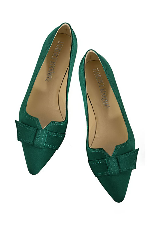 Forest green women's dress pumps, with a knot on the front. Tapered toe. Low flare heels. Top view - Florence KOOIJMAN
